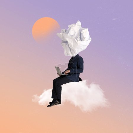 Businessman sitting on cloud with laptop. Psychotherapy and person psychology concept. Brilliant ideas. Contemporary art collage. Minimalism and surrealism