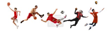 Photo for Collage of different professional sportsmen. Basketball, football, voleyball players in action over white background. Concept of sport, achievements, competition, championship. Flyer - Royalty Free Image