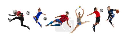 Photo for Professional and junior basketball, football, gymnastics players in action over white background. Concept of sport, achievements, competition, championship. Flyer - Royalty Free Image