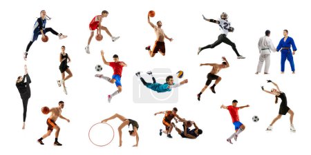 Photo for Collage of sportive people, adults and children doing different sports, posing isolated over white background. Concept of action, motion, sport life, motivation, competition. Copy space for ad. - Royalty Free Image