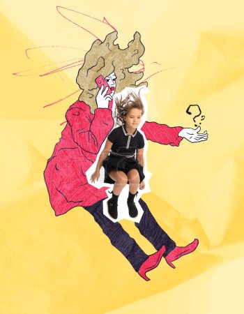 Photo for Carefreeness. Creative art collage with little girl in jump over drawn portrait of woman. Concept of inner child, childhood and dreams. Background with crumpled paper effect - Royalty Free Image
