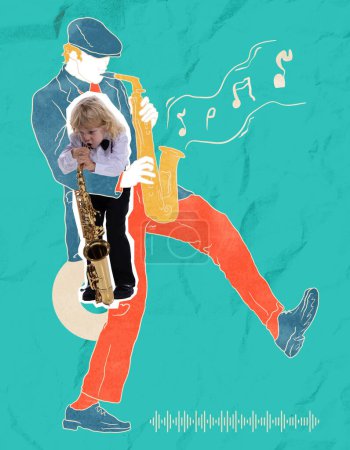 Photo for Musicians. Contemporary art collage with little boy, kid playing saxophone over drawn portrait of man. Concept of inner child, childhood and dreams. Music, art. Background with crumpled paper effect - Royalty Free Image
