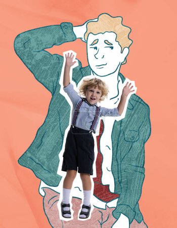 Photo for Happy cute kid jumping, having fun over drawn portrait of man. Concept of inner child, childhood and dreams. Background with crumpled paper effect - Royalty Free Image