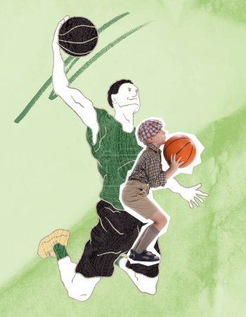 Photo for Little boy in vintage clothes playing basketball over drawn portrait of sportsman. Concept of inner child, childhood and dreams. Vintage, retro, sport. Dreams about future career - Royalty Free Image