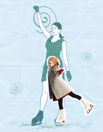 Photo for Winner emotions. Little girl in vintage warm clothes skating over drawn portrait of female figure skater. Concept of inner child, childhood and dreams about future career - Royalty Free Image
