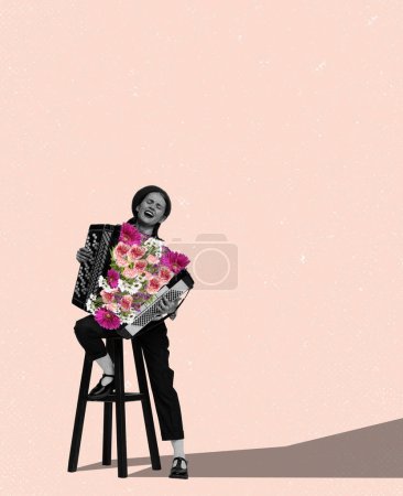 Banner mit dem Porträt eines fröhlichen jungen Mädchens, das Akkordeon aus Blumen spielt. Landhausstil, Leistung. Pastellfarben. Musik, Urlaub, Emotionen, Kunst. Kopierraum für Werbung, Text