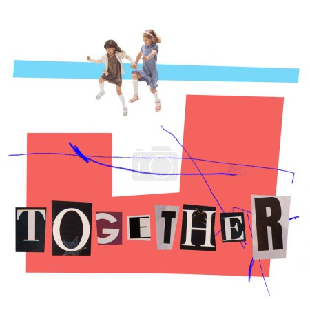 Foto de Creative conceptual art collage with little girls communicate each other over colorful background with lettering and doodles. Child psychology, society, friendship, emotions concept. Poster for ad - Imagen libre de derechos