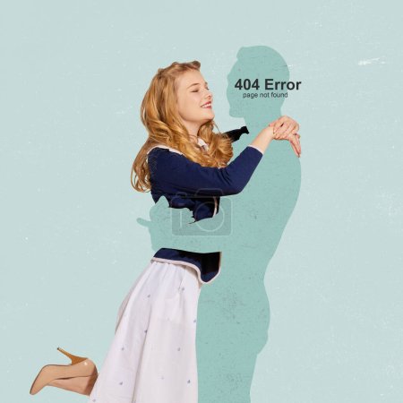 Contemporary art collage. Beautiful girl hugging mans shadow with error sign. Retro, vintage style. Minimalism. Social network, communication, relationship, dreams concept.