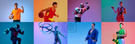 Photo for Collage. Portraits of professional sportsmen training, posing isolated over multicolored background in neon. Concept of sport, healthy and active lifestyle, motivation, activity. Horizontal banner - Royalty Free Image