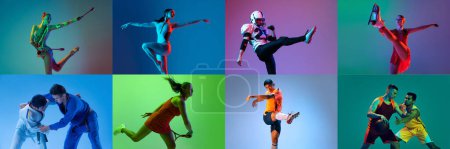 Photo for Collage. Portraits of professional sportsmen training, posing isolated over multicolored background in neon. Concept of sport, healthy and active lifestyle, motivation, activity. Horizontal banner - Royalty Free Image