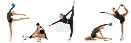Photo for Set of images of young girls, figure skater and gymnastics in black stage costume isolated over white background. Concept of skills, sport, beauty, stretching sports. Collage - Royalty Free Image