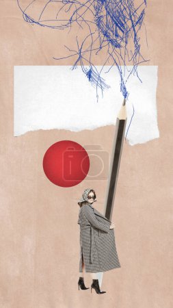 Photo for Weird woman in coat with huge pencil and paper over light background with doodles. Concept of creativity, journalism, ad, news. Contemporary art collage, design. Copy space for text - Royalty Free Image