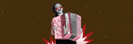 Retro music. Emotional young woman playing drawn accordion and singing. Live performance. Concept of creativity, retro style, music lifestyle, design. Art collage. Poster with copy space for ad