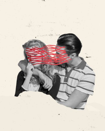 Photo for Family problems. Young couple in love hugging. Concept of human emotions, psychology, relationship. Contemporary art collage. Inspiration, ideas and creativity. Minimalistic design style - Royalty Free Image
