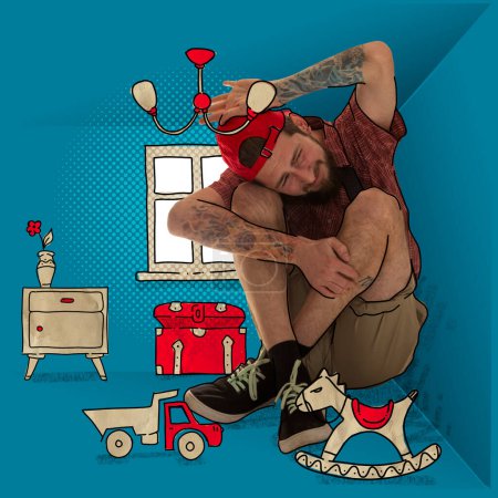 Photo for Inner struggle with childhood fears. Conceptual collage with emotional young man sitting in imaginary childrens room among his kids toys. Concept of adult infantilism, mental health - Royalty Free Image