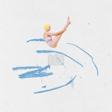Photo for Contemporary art collage. Young girl in colorful swimming suit jumping into invisible water, diving. Concept of summer vibe, creativity, imagiation, sport, retro style, fun. Copy space for ad, poster - Royalty Free Image