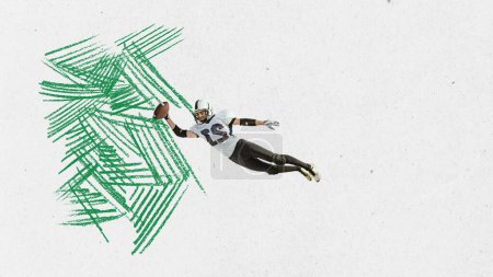 Photo for Contemporary art collage. Young male professional american football player in motion, training on grey background with abstract design element. Sport, retro style, activity, hobby, lifestyle concept - Royalty Free Image