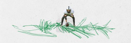 Photo for Contemporary art collage. Professional american football player during game over grey background with abstract design element. Concept of sport, retro style, lifestyle. Copy space for ad. Banner - Royalty Free Image