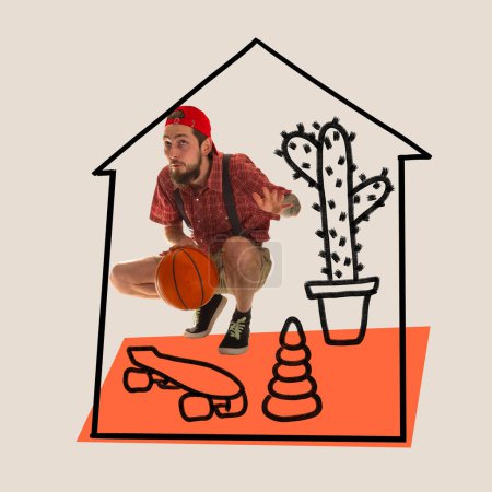 Photo for Back to childhood. Conceptual collage with emotional young man sitting at imaginary childrens house among his kids toys. Concept of adult infantilism, comfort zone, fears, mental health, ad - Royalty Free Image