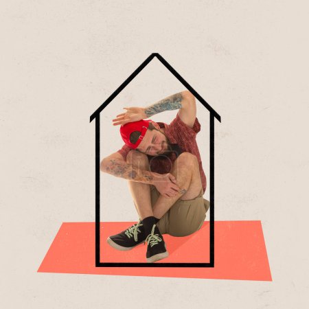 Photo for Inner struggle with childhood fears. Conceptual collage with emotional man sitting at imaginary childrens house with discomfort. Concept of adult infantilism, comfort zone, fears, mental health, ad - Royalty Free Image
