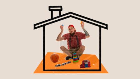 Photo for Childhood forever. Conceptual collage with emotional young man sitting at imaginary childrens house and playing with kids toys. Concept of adult infantilism, comfort zone, fears, mental health, ad - Royalty Free Image