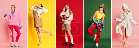 Foto de Felicidad, calma, ensueño. Collage hecho de retratos de chica joven emocional en ropa de estilo de moda diferente sobre fondos de color. Concepto de felicidad, emociones positivas, educación, deporte - Imagen libre de derechos