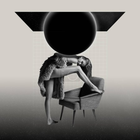 Collage with beautiful woman wearing fur coat on naked body standing and putting leg on chair surrounded abstract figures, space portal. Concept of surrealism, art, creativity, beauty, female body, ad