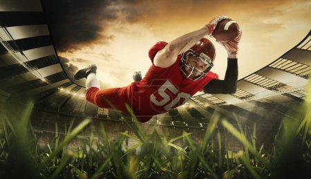 Collage with professional american football player in motion and action jumping to catch ball at 3D model sport stadium arena. Concept of sport, active and healthy lifestyle, team game, energy, power