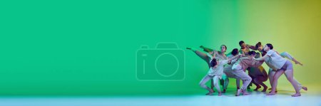 Banner with dance team of young adorable girls moving to the beat of the music on gradient background in neon light. Improvisation performance. Modern dance, movements, hobby, creativity concept, ad