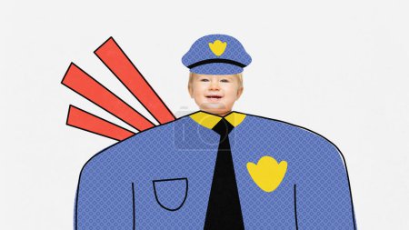 Téléchargez les photos : Collage d'art contemporain avec un petit garçon souriant portant l'uniforme des officiers de police avec croquis au crayon sur fond blanc. Concept d'idées, émotions, imagination, journée internationale de l'enfant, publicité - en image libre de droit