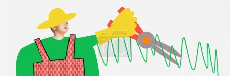 Téléchargez les photos : Collage d'art contemporain avec un petit garçon en uniforme de jardinier tenant croquis au crayon ciseaux horticoles sur fond blanc. Bannière. Concept d'imagination, journée internationale de l'enfant, annonce - en image libre de droit