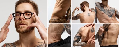Photo for Collage with images of male fashion model posing over grey studio background. Man posing shirtless. Tattoo body art. Masculinity. Concept of mens health, beauty, body and skin care, fitness - Royalty Free Image