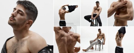 Photo for Collage with attractive, muscular, handsome topless male model posing at camera over white studio background. Naked torso, power, masculinity, strength. Concept of mens health, beauty of male body - Royalty Free Image