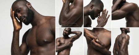 Photo for Collage with images of handsome african man, fashion model with muscular body posing shirtless over white studio background. Naked torso. Concept of mens health, beauty, body and skin care, fitness - Royalty Free Image