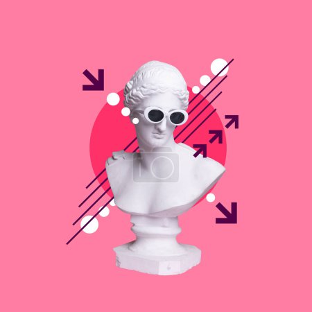 Photo for Antique statue bust in trendy sunglasses against pink background. Contemporary art collage. Concept of creativity, inspiration, party, music, art and imagination. Ad. Magazine style - Royalty Free Image