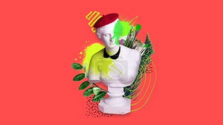 Photo for Parisian vibe Antique statue bust in beret against red background with floral abstract elements. Contemporary art collage. Concept of creativity, inspiration, party, music, art and imagination. Ad - Royalty Free Image