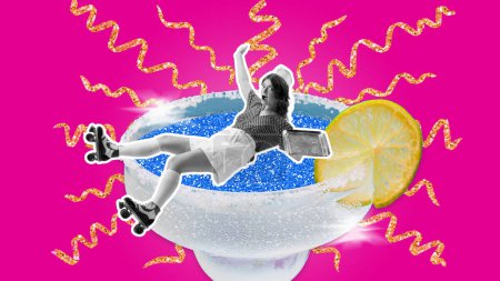 Emotional young girl, waitress in retro cloht5es and rollers falling down into delicious coctail. Contemporary art collage. Concept of party, leisure time, celebration, event, joy, youth. Ad