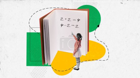 Photo for Cute little girl standing in front of huge book. Math class. Contemporary art collage. Concept of back to school, happy childhood, education, studying, emotions, ad. Colorful minimalism - Royalty Free Image