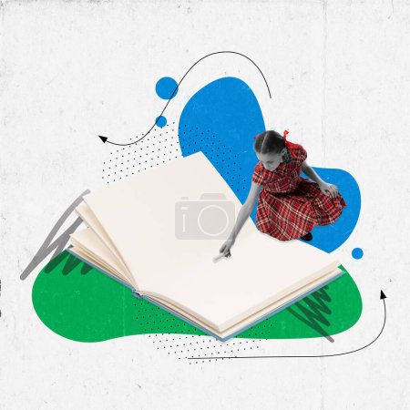 Photo for Charm little girl sitting near huge notebook with white paper sheets. Contemporary art collage. Concept of back to school, happy childhood, education, studying, emotions, ad. - Royalty Free Image