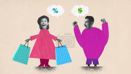 Young woman feeling happy and excited about new clothes. Shopaholic. Man with shocked face spending money. Contemporary artwork. Concept of sales, Black friday, shopping. Poster, ad. Creative design