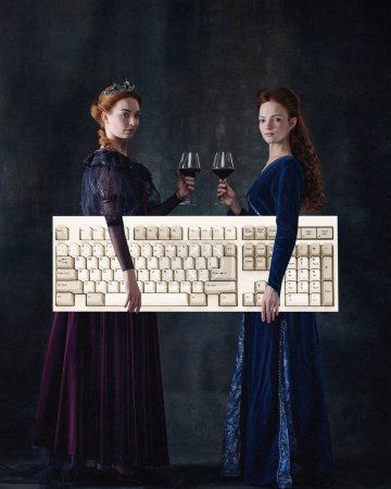 Photo for Creative portrait of two beautiful women, medieval queens standing with huge computer keyboard over dark background. Concept of comparison of eras, modernity and renaissance, baroque style - Royalty Free Image