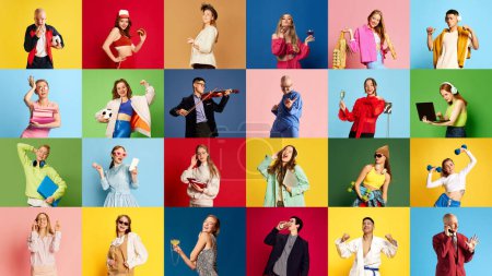 Photo for Collage made of portraits of diverse people, men and women showing types of work and employement, with happy faces over multicolored background. Concept of happiness, youth, success, motivation. Ad - Royalty Free Image