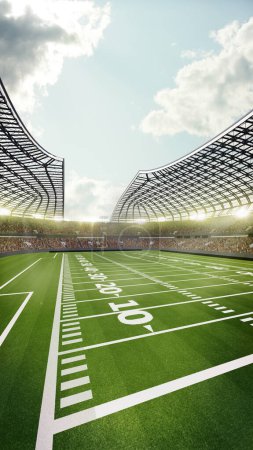 Photo for Vide angle of crowded soccer stadium with green grass. American football day stadium with fans illuminated by spotlights waiting game. 3d rendering. Concept of sport, victory, championship, world cup. - Royalty Free Image