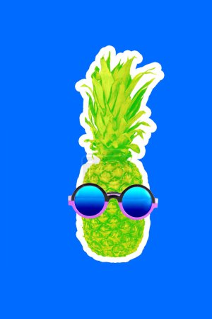 Photo for Poster. Contemporary art collage. Modern creative artwork. Pineapple in sunglasses isolated on vivid blue background. Summer vibe. Tropical fruit illustration. Concept of pop art style, food. - Royalty Free Image