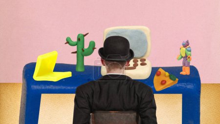 Plakat. Banner. Collage zeitgenössischer Kunst. Rückansicht eines Mannes im Vintage-Outfit, der am Spieltisch sitzt, seinem Arbeitsplatz zu Hause. Geschäftskonzept, Online-Arbeit, Arbeit, Quarantäne, Isolation. Anzeige