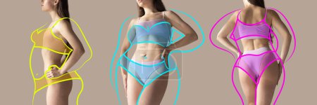 Photo for Banner. Cropped photo of slim female bodies in underwear with drawn blue, yellow and pink overweight silhouette posing against studio background. Concept of healthy eating, diet, body care, sport. Ad - Royalty Free Image