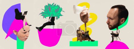 Photo for Set of employees during working situations. Brainstorming, overworking, deadlines. Contemporary art collage. Concept of business, modern office, employment, professional occupation, surrealism - Royalty Free Image