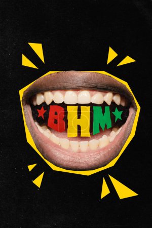 Photo for Poster. Contemporary art collage. Modern creative artwork. opened mouth with red-yellow-green letters BHM instead of teeth. Concept of black history month, civil rights, culture. Copy space, ad. - Royalty Free Image