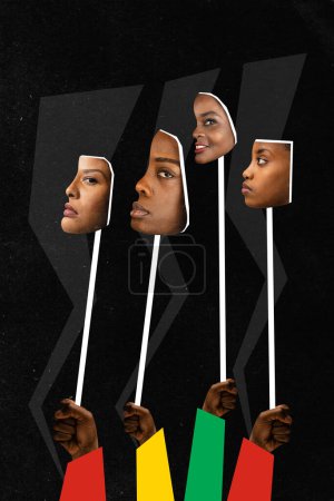 Photo for Poster. Contemporary art collage. Modern creative artwork. African-American hands holds human faces on white sticks. Concept of Black History Month, civil rights, culture. Copy space, ad. black mode. - Royalty Free Image