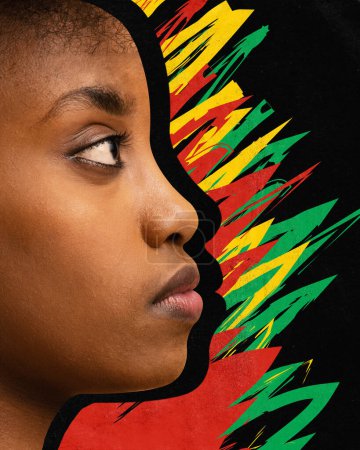 Photo for Poster. Contemporary art collage. Modern creative artwork. Confident attractive African American woman surrounded red-yellow-green colors. Concept of black history month, civil rights, culture. - Royalty Free Image